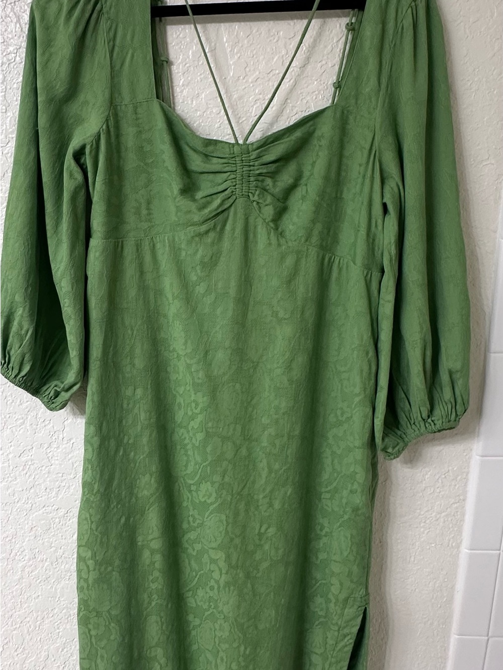 Maeve Anthropologie Green Jacquard Open Back Midi Dress Puff Sleeve US 10 - Picture 9 of 14